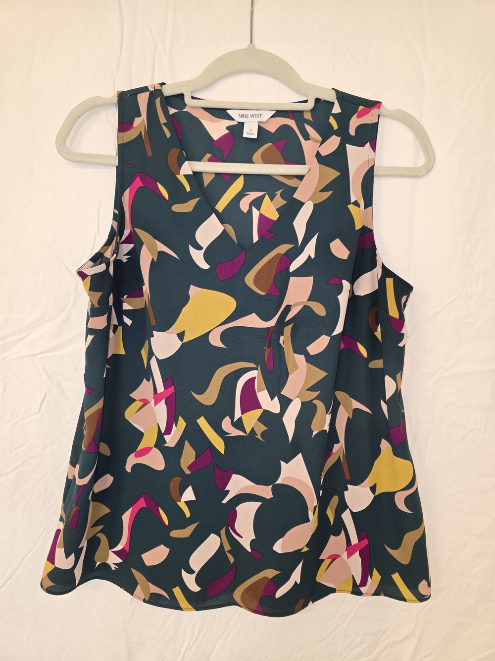 Nine West Teal Multicolor Abstract V-Neck Sleeveless Camisole